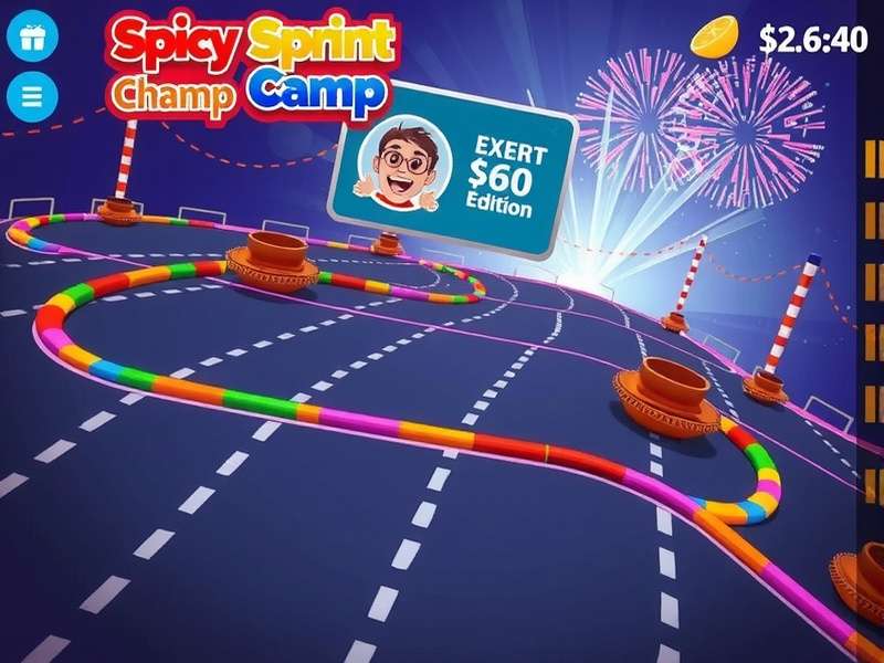 Spicy Sprint Champ game screenshot showing a colorful racing track with Indian-themed decorations